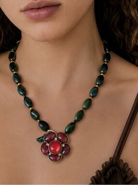 Green Bead Necklace with Red Floral Pendant - Women Jewelry